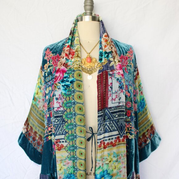 Johnny Was BIYA embroidered silk velvet kimono Haori jacket tunic caftan floral - Picture 8 of 11